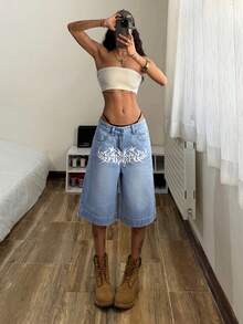 StreetHx Women's Gothic Pattern Pocket Loose Casual Bermuda Denim Shorts - Blue - View 3