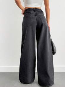 SHEIN Women's Pocketed Wide Leg Loose Casual Versatile Jeans - Medium Wash - View 2