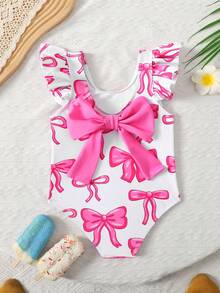 SHEIN Emery Rose Kids 女婴可爱蝴蝶结印花休闲针织荷叶袖撞色连体泳衣，夏季女婴可爱针织蝴蝶结拼接撞色吊带连体泳衣，适合夏季外出、游泳、海滩度假 - 粉色 - 查看 7