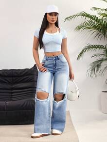 SHEIN EZwear 女士口袋破洞阔腿宽松休闲牛仔裤 - 藍色 - 查看 6