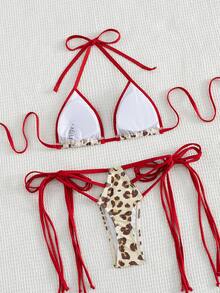 Swim SXY Set Bikini Tanpa Lengan Model Halter Motif Leopard Seksi Terbaru, Pakaian Renang Dua Potong Kombinasi Warna untuk Liburan Pantai - MultiWarna - View 3