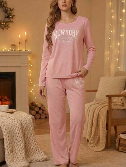 CONJUNTO NEW YORK DE PIJAMA DE MUJER CON ESTAMPADO DE LETRAS, MANGA LARGA HOLGADA Y PANTALONES. ROPA DE OTOÑO E INVIERNO COMODA Y ELEGANTE