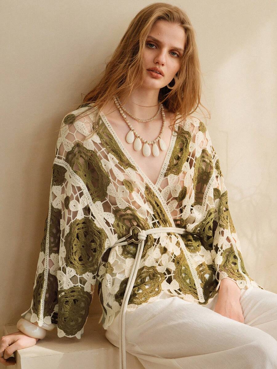 Arave 女士宽松镂空针织纹理开衫，仿羊绒质感，休闲短款 - 軍綠色 - 查看 1