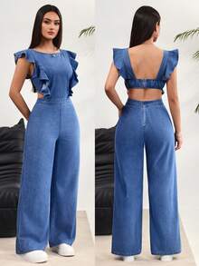 Rivivi Women's Round Neck Patchwork Ruffle Hem Fashionable Wide Leg Denim Jumpsuit - Blue - View 8