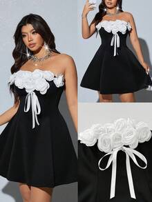 Viva Relle Plus Size Fashion 3D Rose Flower Bow Tie Bandage Cocktail Mini Dress - Black - View 1