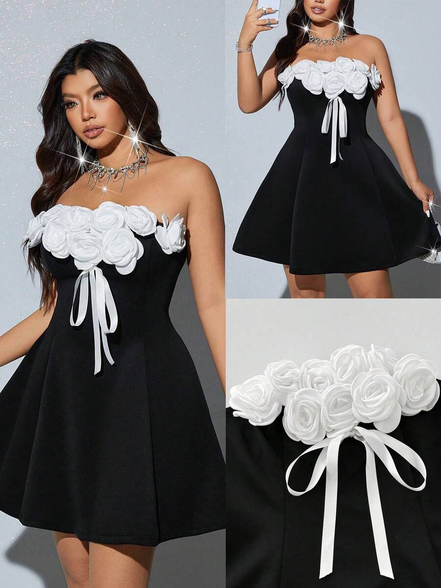 Viva Relle Plus Size Fashion 3D Rose Flower Bow Tie Bandage Cocktail Mini Dress - Black - View 1
