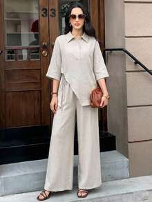 Mulvari 女士纯色纽扣半开襟落肩衬衫和裤子休闲两件套 - 卡其色 - 查看 8