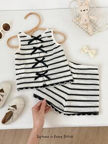 Cozy Pixies 女婴条纹撞色荷叶边无袖上衣和松紧腰短裤两件套 - 黑與白 - 查看 8