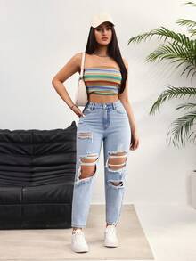 Rivivi Women's High Waist Pocket Distressed Tapered Casual Jeans - Light Wash - View 6