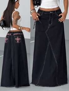 StreetHx 女士十字绣毛边休闲牛仔裙 - 黑色 - 查看 6