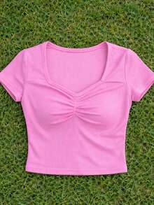 Crop Top Rosa Pastel con Fruncido al Frente y Escote Corazón - Rosa - Ver 4