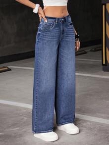 Flirla Women's Pocketed Wide Leg Loose Casual Versatile Jeans - Blue - View 6