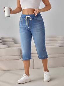 SHEIN Cottnline Plus Size Summer Casual Washed Drawstring Waist Denim Jeans - Medium Wash - View 6
