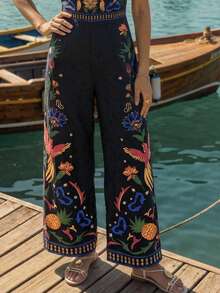 CAJUNI 女士休闲菠萝印花阔腿连体裤，适合度假 - 黑色 - 查看 5