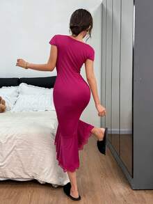 Dream Adore Lace Trim Deep V-Neck Tie Bow Design Fitted Mermaid Hem Women Nightgown - Hot Pink - View 2