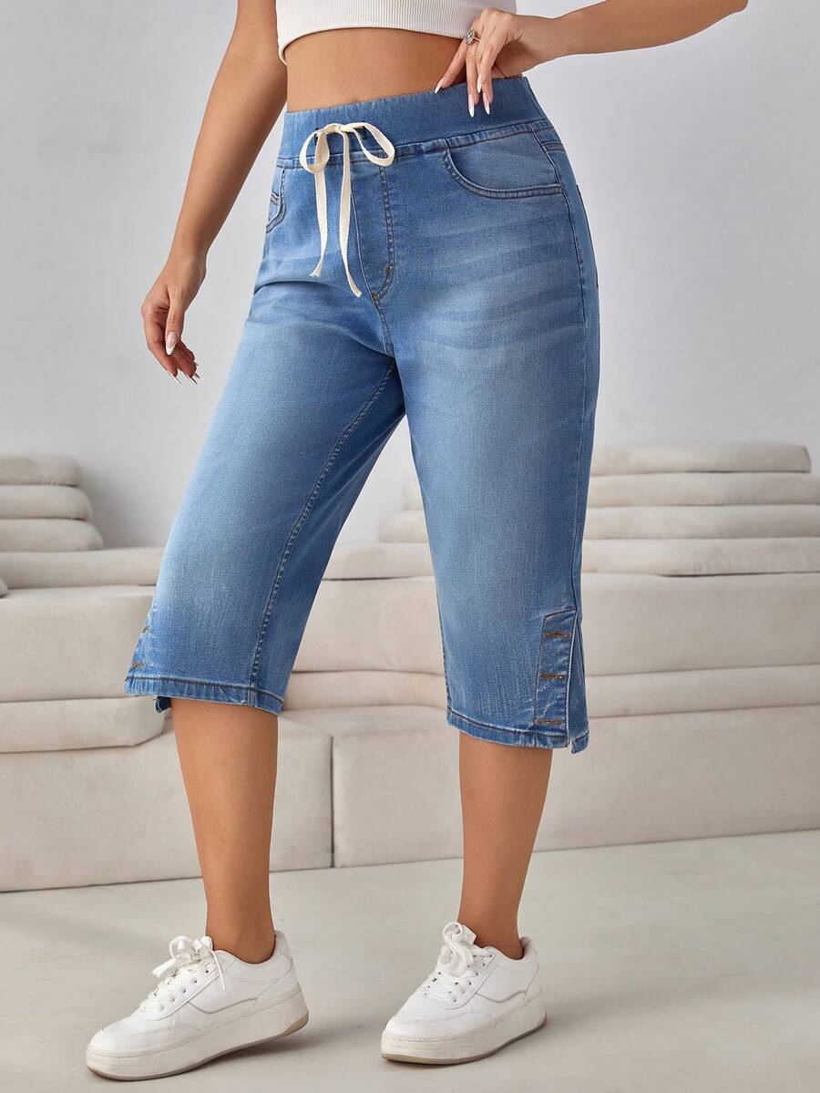 SHEIN Cottnline Plus Size Summer Casual Washed Drawstring Waist Denim Jeans - Medium Wash - View 1