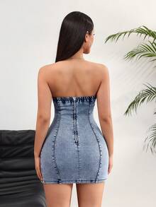 Rivivi Đầm ôm sát bằng denim dành cho nữ với hai đường xẻ bên hông. - Rửa nhẹ - Xem 2