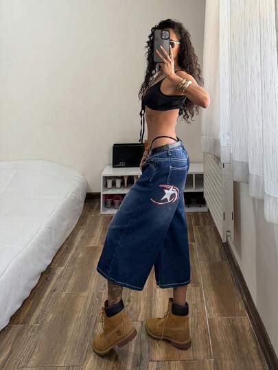 StreetHx Women's Pentagram Pocket Wide Leg Loose 7/8 Length Jeans