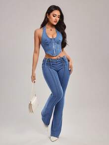 SHEIN Tall Women's Zip-Up Collar Cropped Denim Tank Top - Blue - View 5