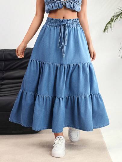 Rivivi 女士休闲牛仔半身裙，系带腰身，双层荷叶边裙摆