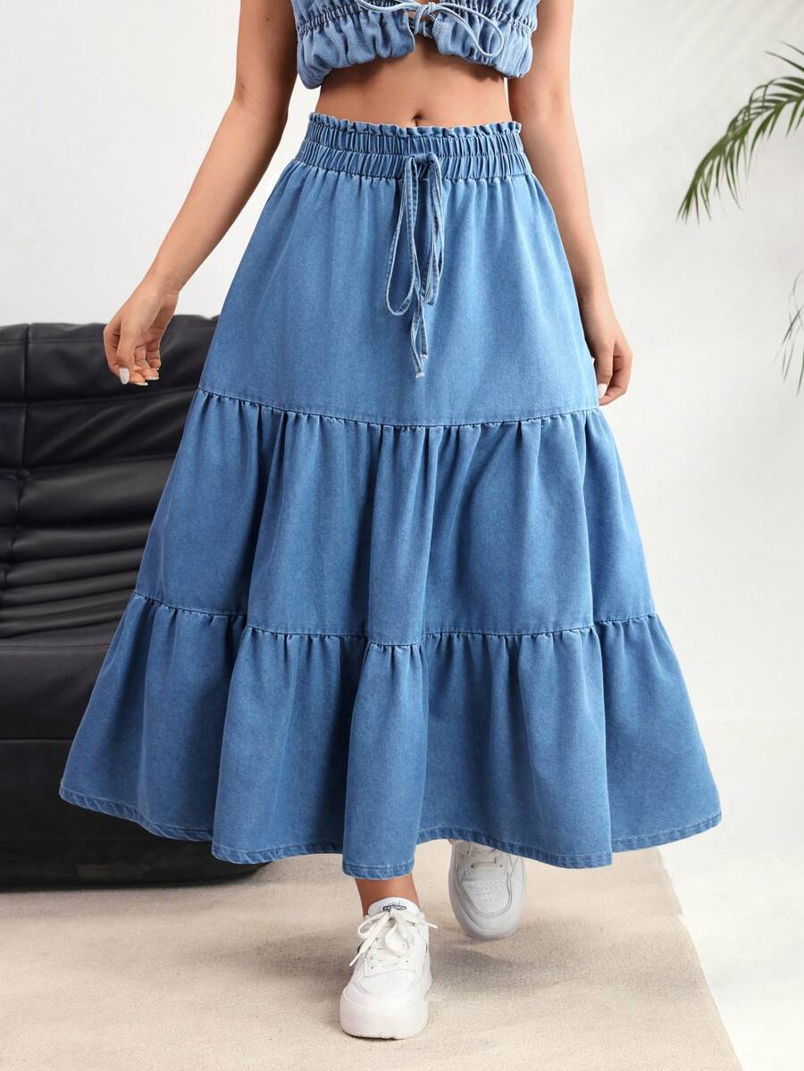 Rivivi Women's Casual Denim Skirt With Tie Waist And Double Ruffle Hem - Light Wash - View 1