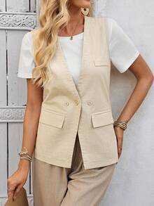 EMERY ROSE 女士V领休闲三扣背心外套 - 杏色 - 查看 5