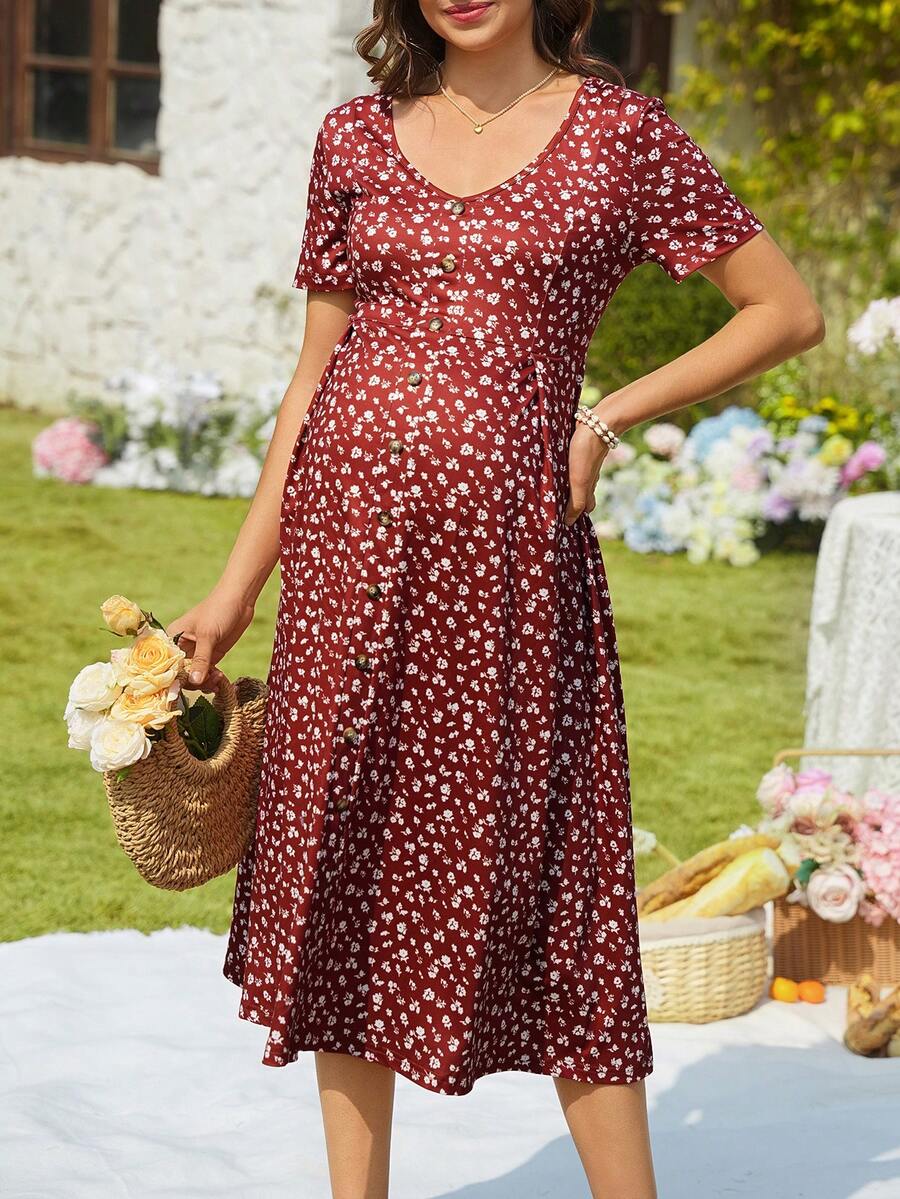 SHEIN Vestido de verano elegante con cuello en V, manga corta, corte evasé y decoración de botones con estampado floral - Burdeos - Ver 1