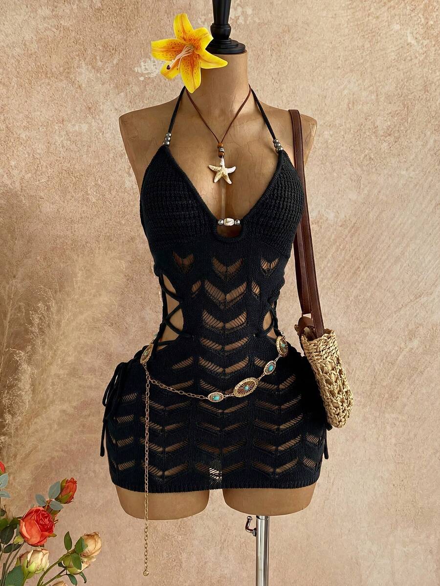 Soleia Váy len cổ rỗng đính đá quý dành cho nữ - màu đen - Xem 1