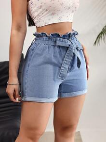 Rivivi 女士荷叶边系带腰袋休闲牛仔短裤 - 藍色 - 查看 4