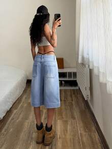 StreetHx Women's Gothic Pattern Pocket Loose Casual Bermuda Denim Shorts - Blue - View 2