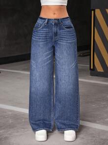 Flirla Women's Pocketed Wide Leg Loose Casual Versatile Jeans - Blue - View 1