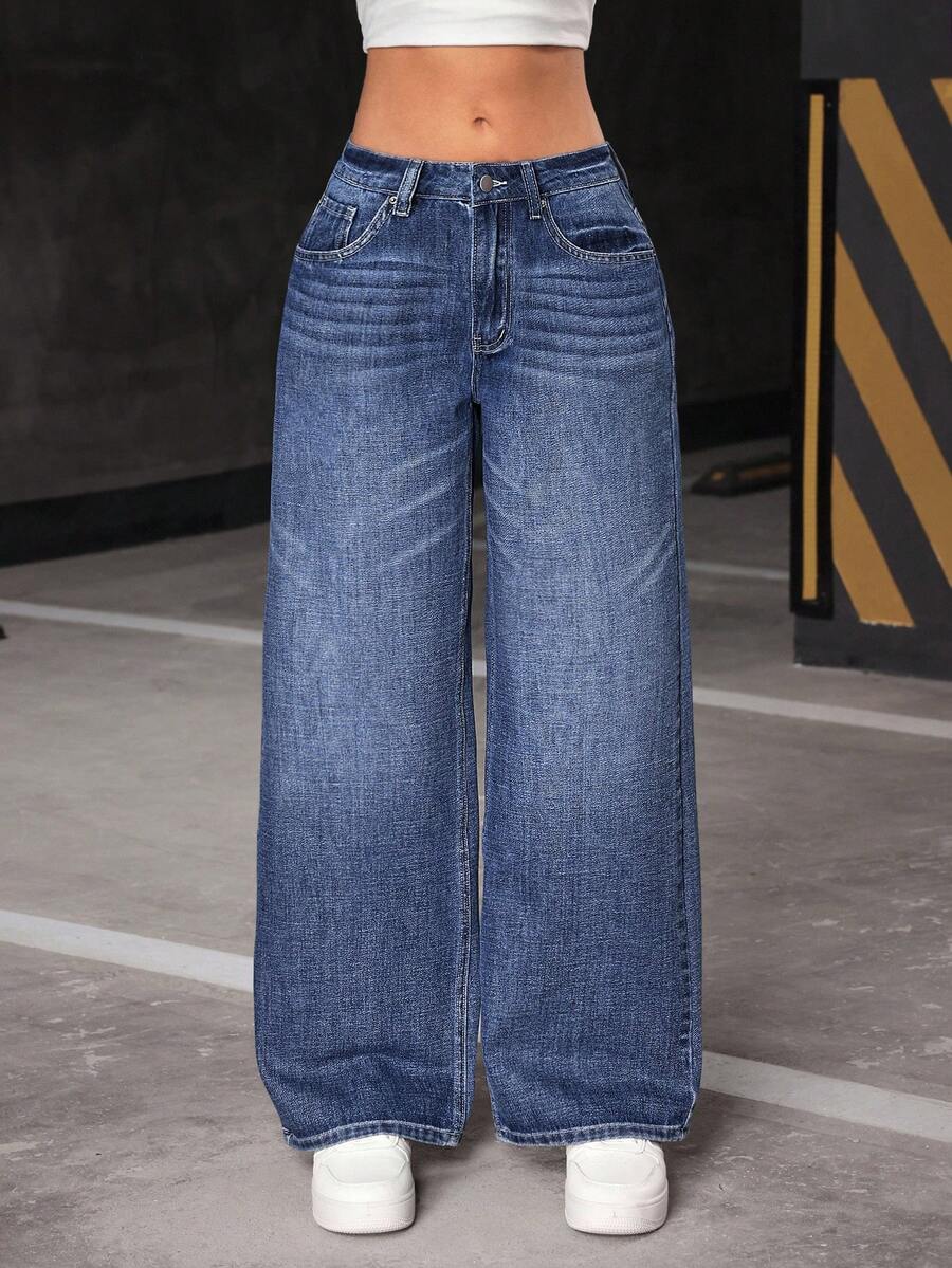Flirla Women's Pocketed Wide Leg Loose Casual Versatile Jeans - Blue - View 1