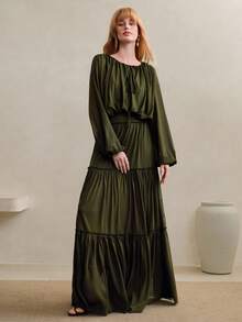 Arave 女士镂空灯笼袖上衣和荷叶边A字裙套装，收腰设计，适合日常通勤 - 綠色 - 查看 6