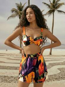 CAJUNI Women's Casual Vacation Tropical Parrot, Turtle Leaf Print 2 Pieces Set, Suitable For Vacation, Beach Outfit, Summer Two Piece Set Vacation - Multicolor - View 5