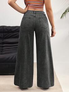 SHEIN EZwear 女士毛边斜插口袋休闲阔腿牛仔裤 - 黑色 - 查看 2