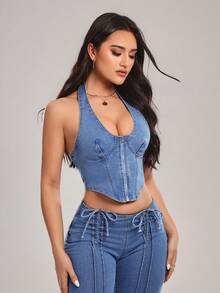 SHEIN Tall Women's Zip-Up Collar Cropped Denim Tank Top - Blue - View 3