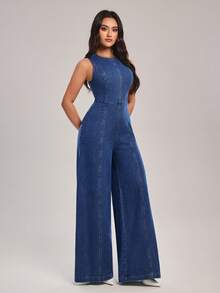 SHEIN Tall Women's Backless Twist Design Fashionable Wide Leg Sleeveless Denim Jumpsuit - Blue - View 4