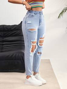 Rivivi Women's High Waist Pocket Distressed Tapered Casual Jeans - Light Wash - View 4