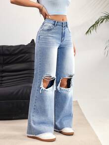 SHEIN EZwear 女士口袋破洞阔腿宽松休闲牛仔裤 - 藍色 - 查看 4