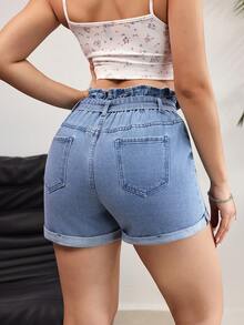 Rivivi 女士荷叶边系带腰袋休闲牛仔短裤 - 藍色 - 查看 2