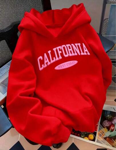 Sudadera con capucha casual para mujer, estampado gráfico de letras California, estilo otoño invierno