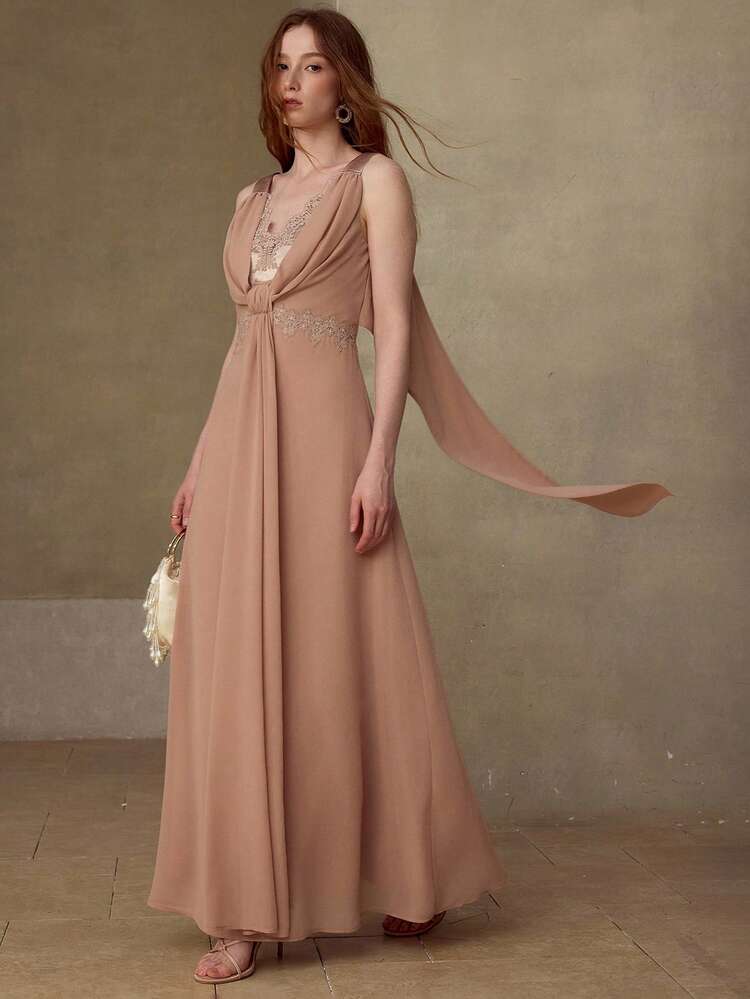 WOMEN'S ROMANTIC ELEGANT LACE PATCHWORK A-LINE LONG DRESS, SPRING/SUMMER