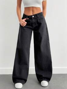 SHEIN Women's Pocketed Wide Leg Loose Casual Versatile Jeans - Medium Wash - View 3