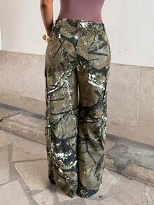 StreetHx Women's Branch Pattern Cargo Pocket Wide Leg Loose Casual Jeans - Multicolor - View 2