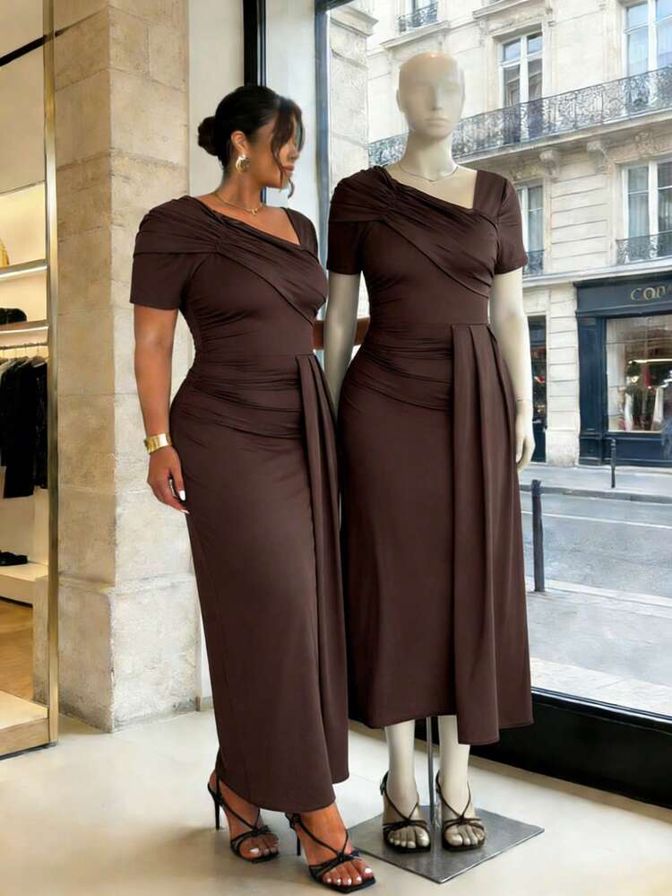 Firerie Vestido casual de manga corta con cintura ceñida, hombros con volantes y bajo asimétrico para mujer de talla grande, elegante y estilizador, para primavera/verano - Marrón - Añade 4