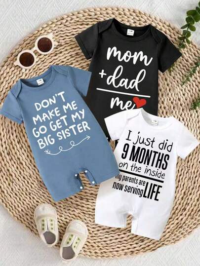 3pcs/Set Newborn Casual Fashionable Creative Personalized Refreshing Minimalist Heart Arrow Letter Graphic Print Short Sleeve Romper & Shorts Comfortable Daily Outfit, Suitable For Spring & Summer