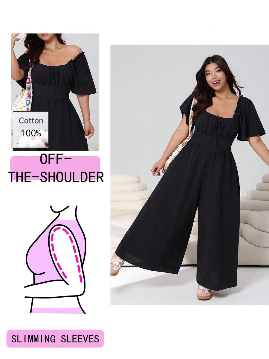 Solflare Bộ áo liền quần tay ngắn bồng bềnh đa năng, màu đen, cỡ lớn, phù hợp cho mùa Xuân/Hè 2026, thích hợp mặc hàng ngày, dự tiệc, hẹn hò, sinh nhật, lễ hội âm nhạc, đi học, đi làm, đi nghỉ mát. Kiểu dáng trễ vai, chất liệu cotton pha mềm mại, dáng rộng, dài. - màu đen - Xem 1