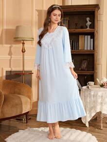 SHEIN Áo ngủ dài tay dáng rộng kiểu cung đình cổ chữ V phối ren thêu họa tiết cho nữ - Màu xanh nhạt - Xem 4