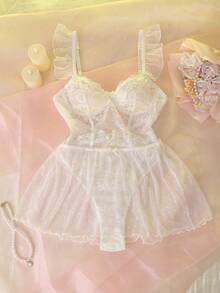 DelicateAllure Romantic Floral Lace Patchwork 3/4 Cup Comfortable Sexy Romper For Women - White - View 6