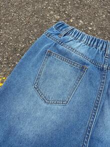 SHEIN Quần jean ống rộng lửng màu xanh denim thoải mái, mềm mại, phong cách thường ngày Y2K cổ điển, phù hợp cho mùa xuân hè, các lễ hội âm nhạc và thời trang đường phố. - Màu xanh lam - Xem 5